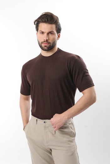 Kahverengi  Dokulu Çizgi Tasarım Bisiklet Yaka Erkek T-shirt E7122