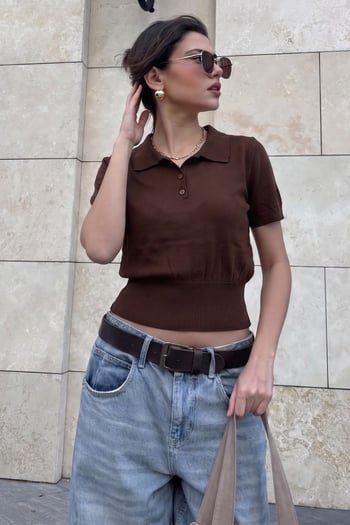 Kahverengi Slim Fit Polo Yaka Triko Tişört MG2805