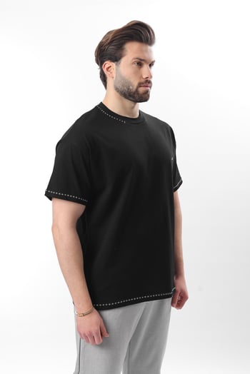 Siyah Nakış Detaylı Erkek T-shirt E7112