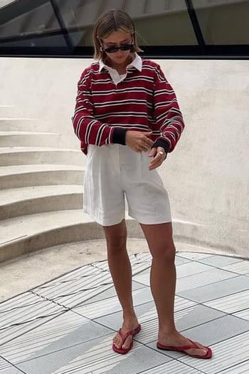 Bordo Çizgili Polo Yaka Kadın Uzun Kollu Tişört  MG2575