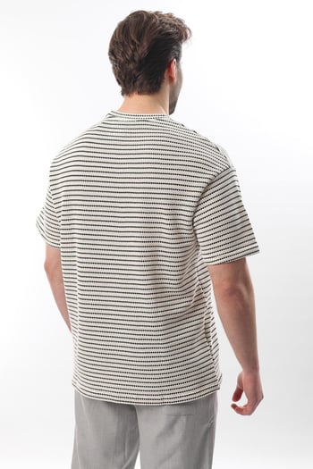 Siyah Bisiklet Yaka Pamuklu Çizgili Erkek T-shirt E7121