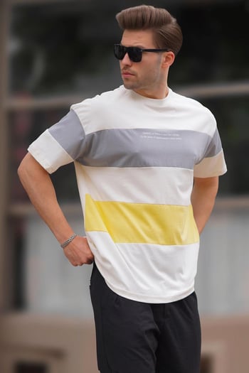 Sarı Oversize Renk Bloklu Bisiklet Yaka Baskılı Tişört 7025