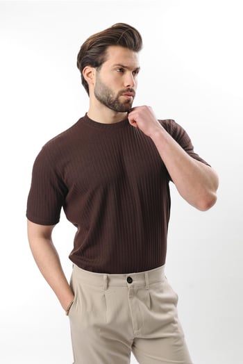 Kahverengi  Dokulu Çizgi Tasarım Bisiklet Yaka Erkek T-shirt E7122