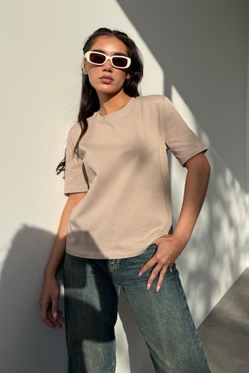Camel %100 Pamuk Vatkalı Oversize Kadın T-shirt Mg2442
