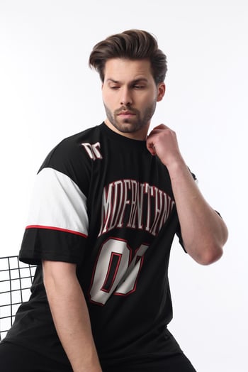 Siyah Baskılı Pamuklu Oversize Erkek T-shirt 7035
