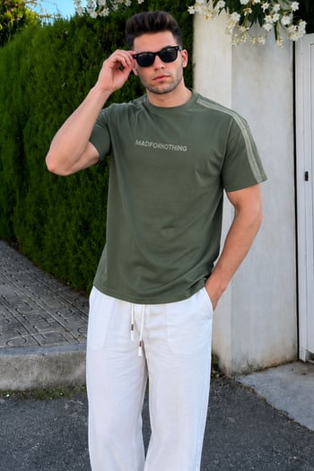 Haki Bisiklet Yaka Baskılı Erkek T-shirt E7110