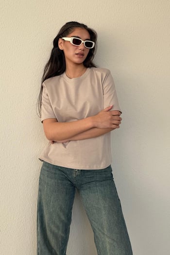 Camel %100 Pamuk Vatkalı Oversize Kadın T-shirt Mg2442