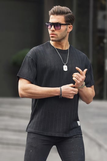 Siyah Oversize Bisiklet Yaka Erkek Tişört 6179