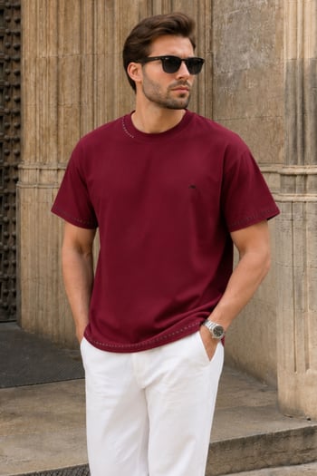 Bordo Nakış Detaylı Erkek T-shirt E7112