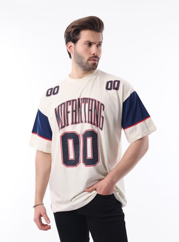 Ekru Baskılı Pamuklu Oversize Erkek T-shirt 7035