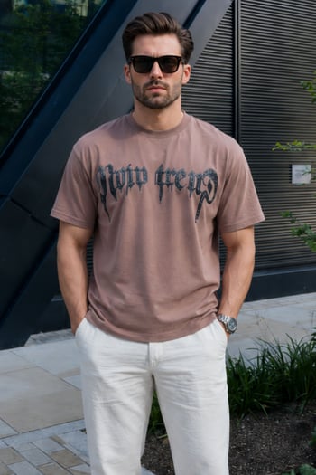 Kahverengi Baskılı %100 Pamuk Erkek T-shirt E7141
