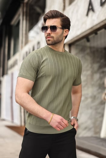 Madmext Erkek Haki Triko Tişört 5684