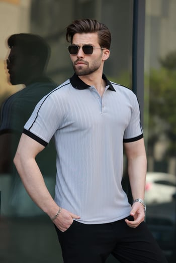 Boyalı Gri Desenli Polo Yaka Triko Erkek Tişört E7155