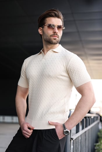 Taş Rengi Slim Fit Polo Yaka Triko Erkek Tişört E7472