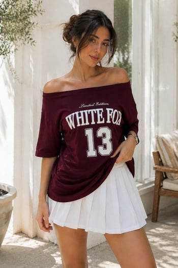 Bordo Kayık Yaka Oversize Baskılı Tişört MG2824