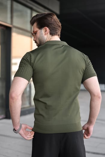 Haki Slim Fit Polo Yaka Triko Erkek Tişört E7472