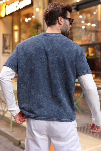 Lacivert Baskılı Batik Desen Erkek Tişört E7194