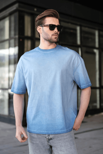 İndigo %100 Pamuklu Bisiklet Yaka Oversize Erkek Tişört E7177