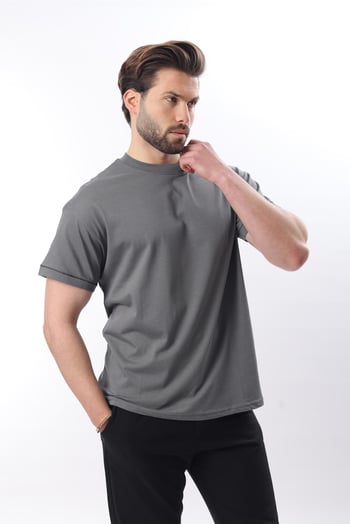 Füme Bisiklet Yaka Çoban Dikişli Overfit Erkek T-shirt E7103