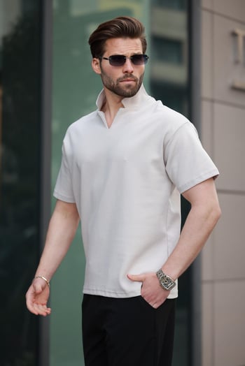 Taş Rengi  Polo Yaka Erkek Basic T-shirt E7145