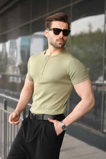 Mint Yeşili Yarım Düğmeli Slim Fit Erkek Tişört E7186