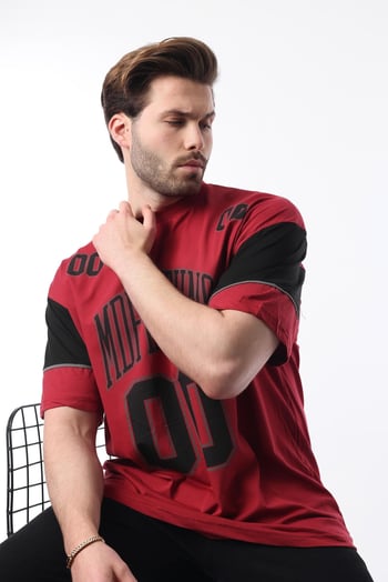 Bordo Baskılı Pamuklu Oversize Erkek T-shirt 7035