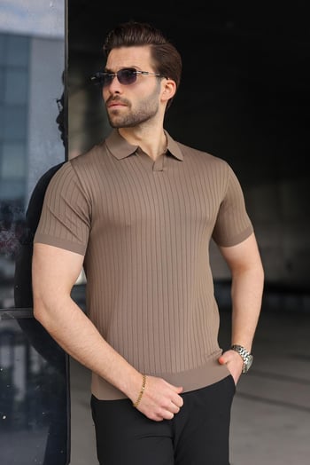 Açık Kahverengi Polo Yaka Triko Erkek Tişört E7461