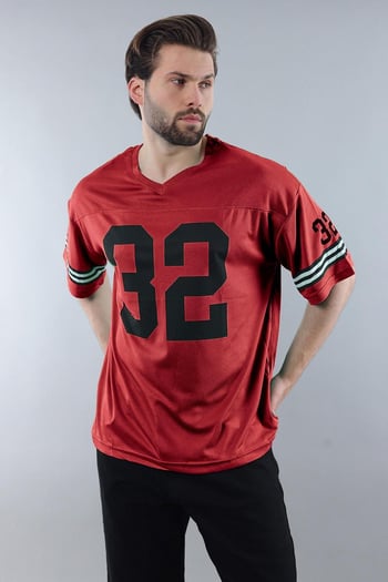 Bordo Baskılı V Yaka Erkek Tişört E5838