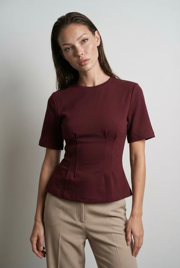 Bordo Kadın Bisiklet Yaka Belden Oturtmalı Basic Tişört MG2670