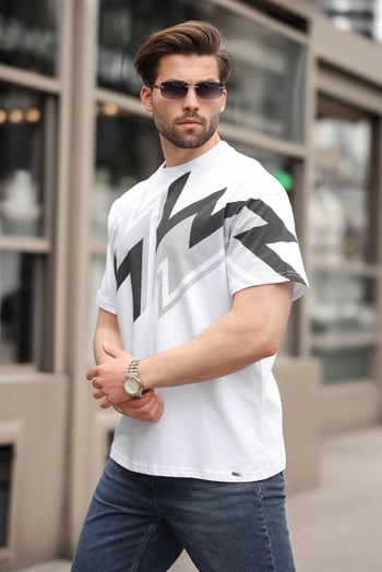 Beyaz Baskılı %100 Pamuk Erkek T-shirt E7111