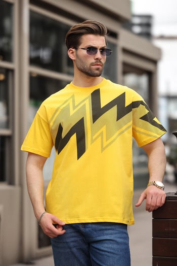 Sarı Baskılı %100 Pamuk Erkek T-shirt E7111