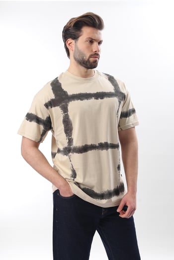 Bej Bisiklet Yaka Baskılı Basic Erkek T-shirt E7109
