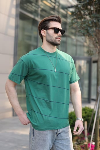 Koyu Yeşil Bisiklet Yaka Basic Çizgili Erkek T-shirt E7102