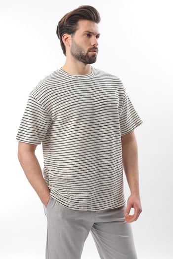 Siyah Bisiklet Yaka Pamuklu Çizgili Erkek T-shirt E7121