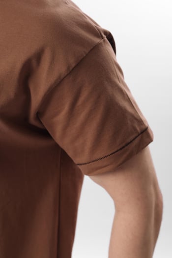 Kahverengi Bisiklet Yaka Çoban Dikişli Overfit Erkek T-shirt E7103