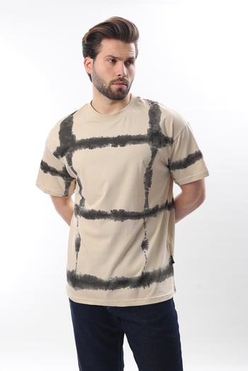Bej Bisiklet Yaka Baskılı Basic Erkek T-shirt E7109