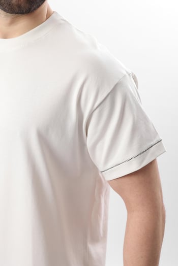 Ekru Bisiklet Yaka Çoban Dikişli Overfit Erkek T-shirt E7103