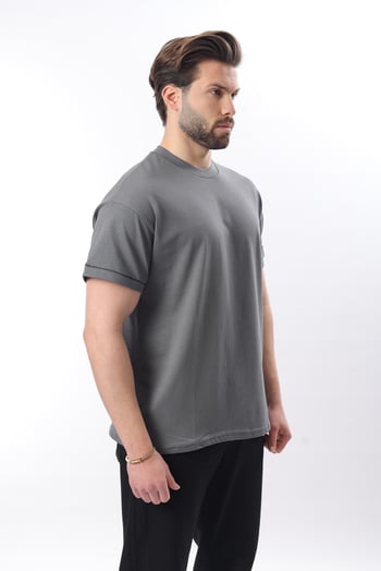 Füme Bisiklet Yaka Çoban Dikişli Overfit Erkek T-shirt E7103