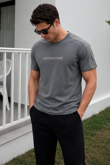 Füme Bisiklet Yaka Baskılı Erkek T-shirt E7110