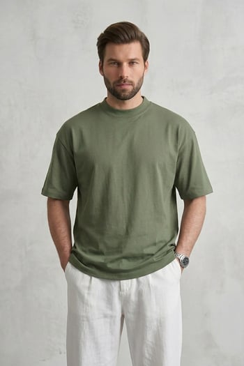 Erkek Haki Oversize Fit Basic Tişört 6066