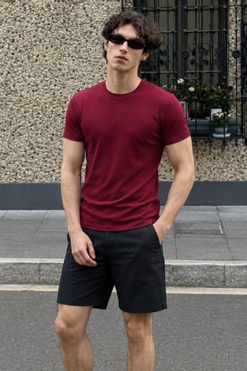 Madmext Bisiklet Yaka Bordo Basic Tişört 4077