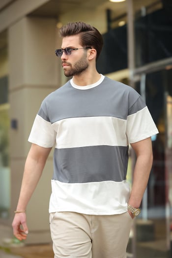 Füme Oversize Renk Bloklu Bisiklet Yaka Tişört 7020