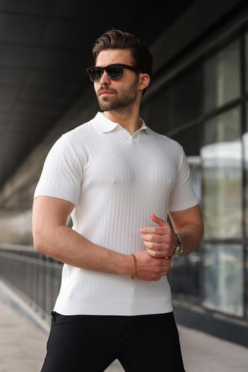 Beyaz Polo Yaka Triko Erkek Tişört E7461