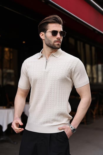 Taş Rengi Polo Yaka Slim Fit Triko Erkek Tişört E7465