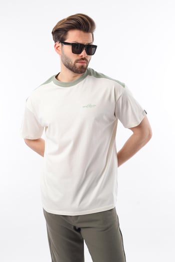 Madmext Ekru Bisiklet Yaka Baskılı Erkek Tişört E7114