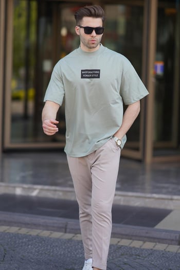 Çağla Yeşili Yalancı Dik Yaka Oversize Erkek Tişört 7005