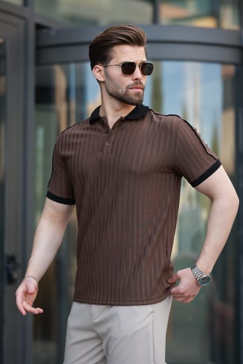 Kahverengi Desenli Polo Yaka Triko Erkek Tişört E7155