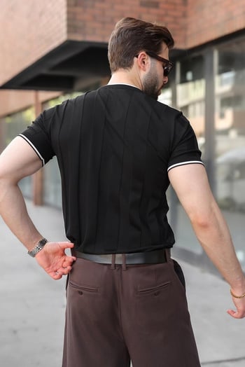 Siyah Bisiklet Yaka Regular Fit Triko Erkek Tişört E7487