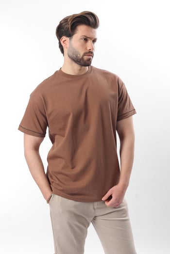 Kahverengi Bisiklet Yaka Çoban Dikişli Overfit Erkek T-shirt E7103