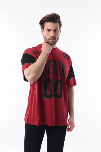 Bordo Baskılı Pamuklu Oversize Erkek T-shirt 7035